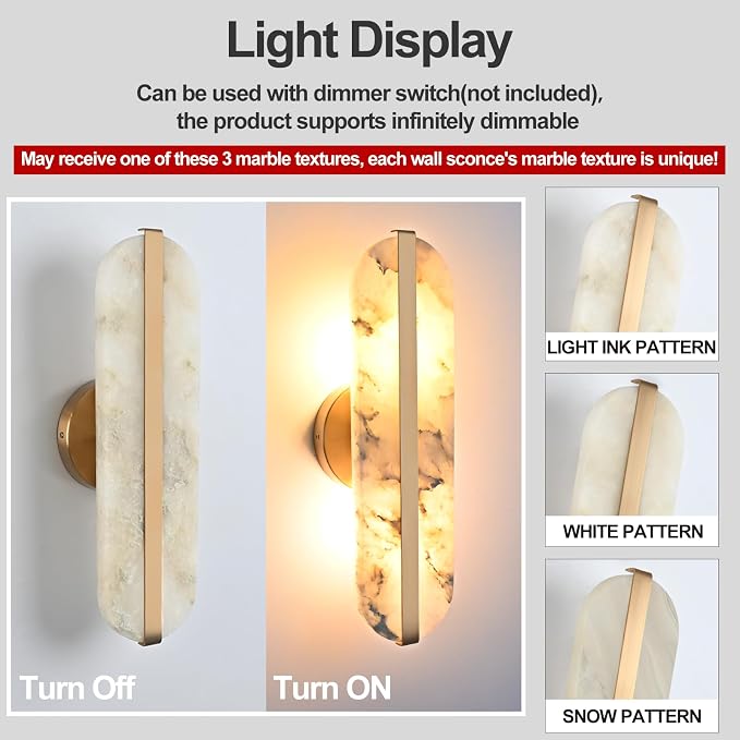 15.7in Natural Alabaster Wall Sconces Marble Wall Sconces, Bulb Included | Gold Bathroom Vanity Light Fixture Modern Oval Stone Wall Mount Lamp Hardwired for Bedroom Living Room Hallway Stairs