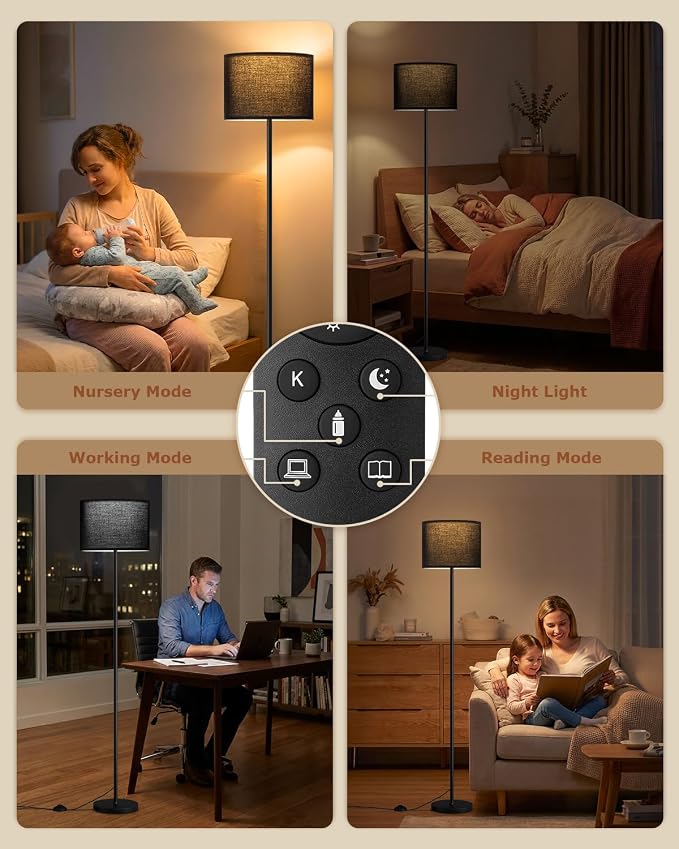 Dimmable Floor Lamp for Living Room with Remote, 9W 900LM LED Bulb Included, Black Shade Black Pole