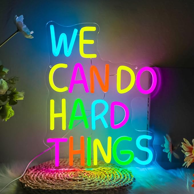 We Can Do Hard Things Neon Sign, LED Motivational Neon Lights for Wall Decor, Dimmable Positive Quote Neon Lights for Classroom, Kids Room, Bedroom, Library, Birthday Party Decoration