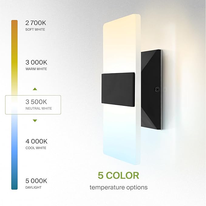 ASD 8 Inch Indoor LED Wall Sconce - 10W 2700K-5000K Dimmable Black Wall Sconce Lights for Living Room, Bedroom, Bathroom, Hallway - Modern Wall Sconces Hardwired, ETL Interior Light, Set of 2
