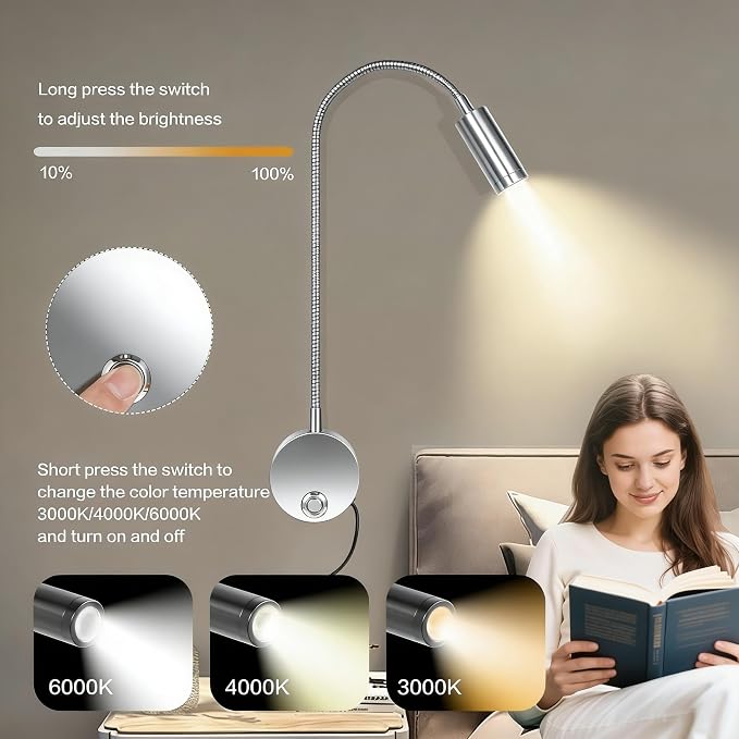 Reading Light for Bed, Wall Mounted Reading Lights with 15" Flexible Gooseneck, Touch Control, 3 Colors Temperature and Stepless Dimmable, Plug in Headboard Book Light - Silver(2 Pack)