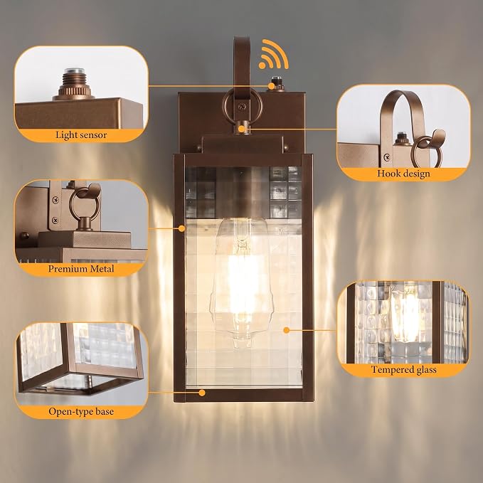 11.8-Inch Bronze Dusk to Dawn Outdoor Light Fixture, All-Metal | Auto On at Dusk, Off at Dawn, Checkered Glass, Rust-proof All-Metal Frame for Porch, Garage