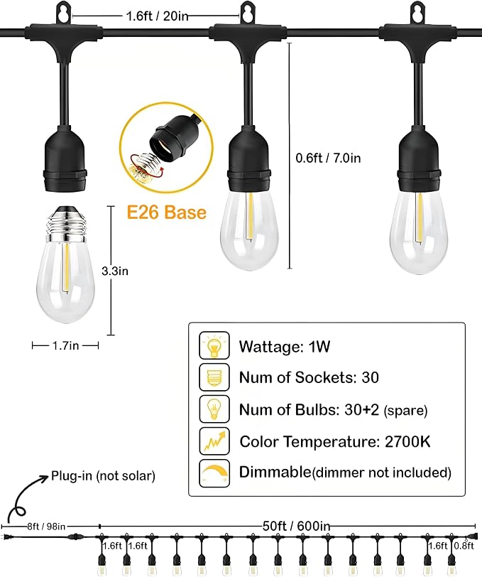 Gmnee 50FT Outdoor String Lights for Patio, Balcony & Porch – 32 LED Edison Bulbs (1.6FT Spacing), Dimmable Heavy-Duty Patio Lights for Backyard, Gazebo, Bistro, Party and Garden Decor (Plug in)