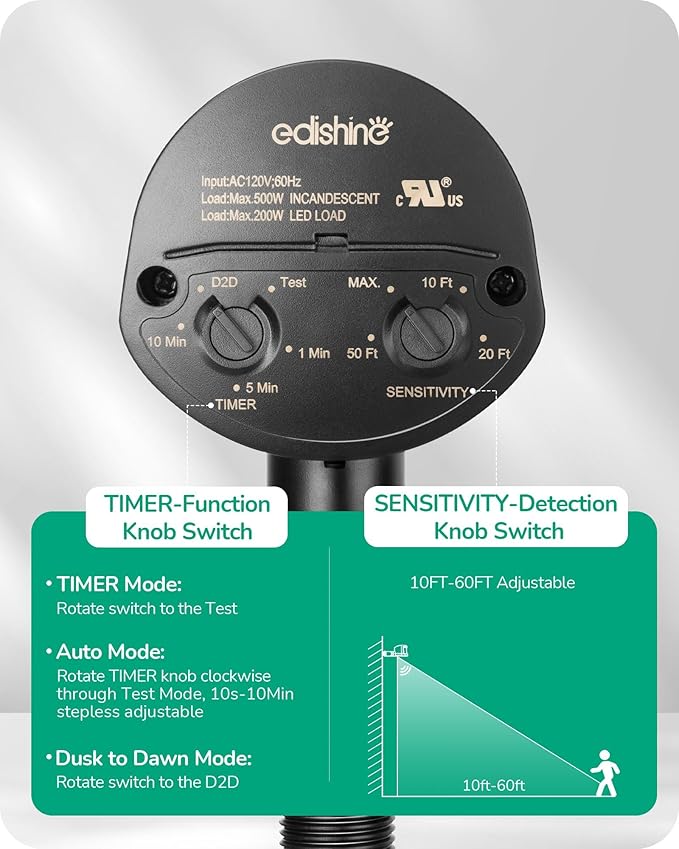 EDISHINE Motion Sensor, 180-Degree Replacement Motion Detector for Security Floodlights, Adjustable Time & Detection Sensitivity Range Up to 60 Feet, 3 Modes Pir Motion Sensor, Black, UL Listed