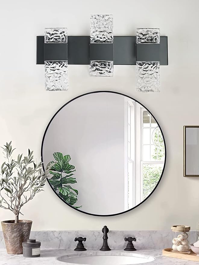 Black Bathroom Light Fixtures Crystal Bathroom Vanity Light 3 Light Over Mirror Modern LED Wall Light for Bathroom，6000K Cool Light，30 Watts