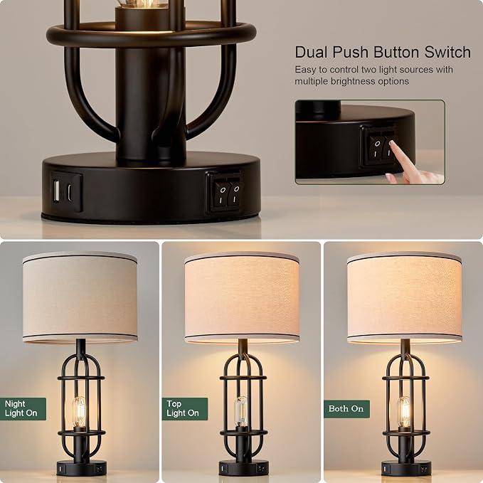 Reaketon Black Table Lamps for Living Room Set of 2, 22.3" Farmhouse Lamps for Nightstand, Industrial Table Lamps for Bedroom with USB Ports, Bulbs Included