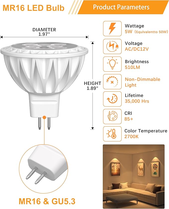 12 Pack MR16 LED Light Bulbs, 50 Watt Equivalent Landscape Light Bulbs, 2700K Warm White 5W 12V Spotlight Bulb, Non-Dimmable, 38 Degree Beam Angle for Landscape, Recessed, Track Lighting