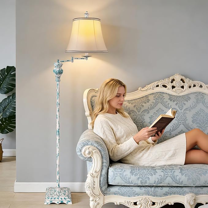 Vintage Floor Lamps for Living Room,Traditional 350° Adjustable Swing Arm Farmhouse Floor Lamp for Bedroom, Rustic Standing Lamp Pole Lamps for Reading, Home Décor and Office, Washed Blue