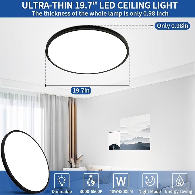 20 inch Dimmable Led Flush Mount Ceiling Light Fixture with Remote Control | 48W 4800LM, Ultra Thin, Modern, Round, Black Large Ceiling Lamp for Kitchen, Dining Room, Bedroom, Living Room, Home Office