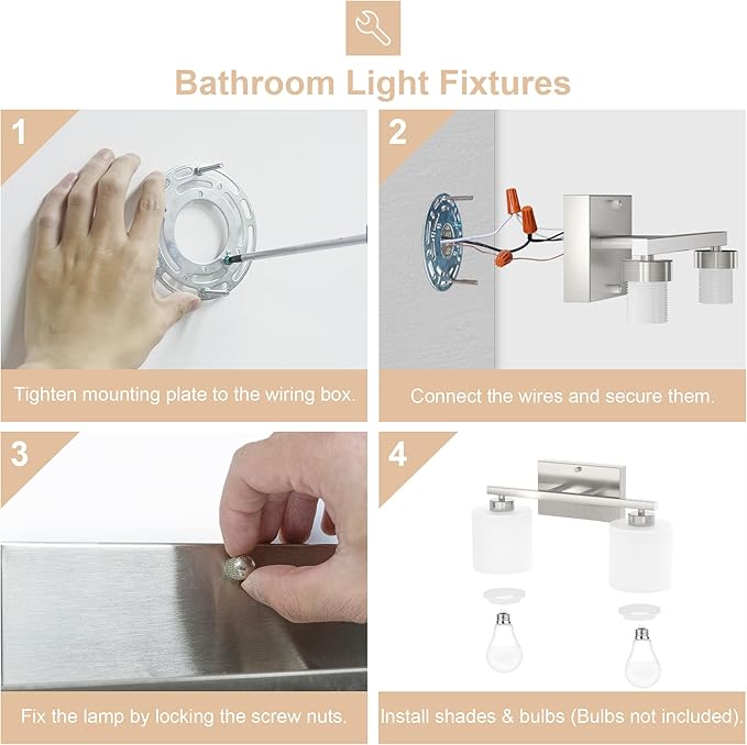 Honesorn Modern Vanity Lights - 2-Light Brushed Nickel Bathroom Mirror Lights with Frosted Shade & Anti-Rust Finish, E26 Wall Mounted