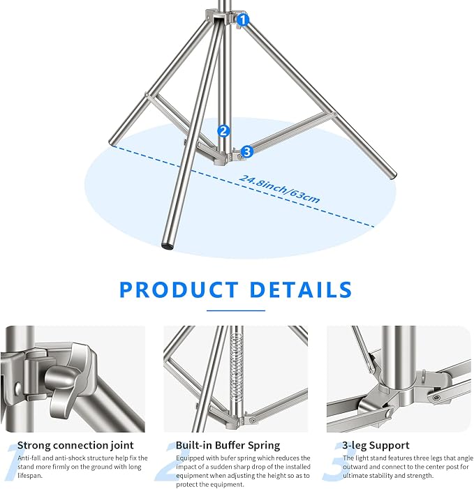 NEEWER 79"/2m Stainless Steel Light Stand, Spring Cushioned Heavy Duty Photography Tripod Stand with 1/4” to 3/8” Universal Screw Adapter for Strobe, LED Video Light, Ring Light, Monolight, Softbox