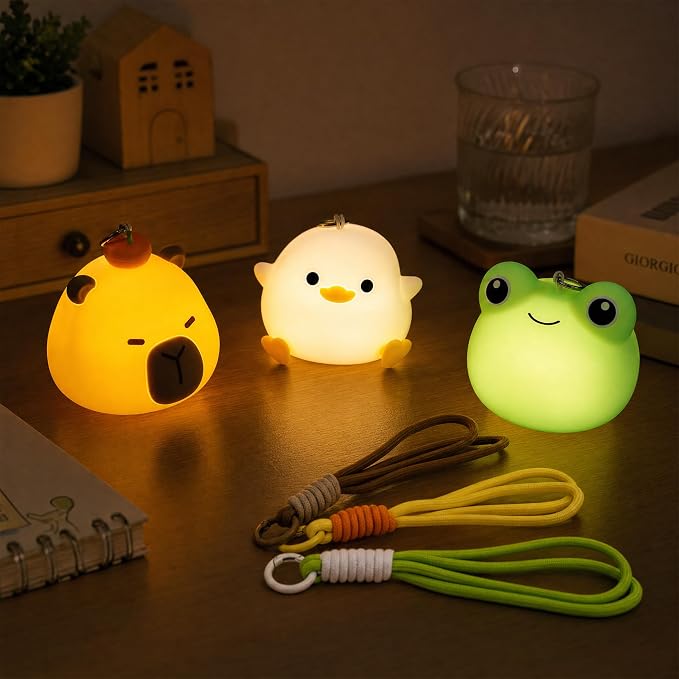 UNEEDE 3 Pack Mini Animal Night Light Set, Mini Capybara, Frog & Duck Lamp | 8 Color Changing Rechargeable Night Light for Kids,with Lanyards Silicone Squishy Kawaii Room Decor, Gifts