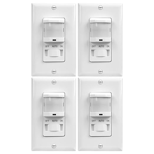 TOPGREENER in-Wall PIR Motion Sensor Light Switch,Need Neutral Wire,4 Pack | Occupancy Sensor Switch, On/Off Override, Single Pole,4A/500W, Motion-Activated Switch, Wall Plate Included, UL Listed, White