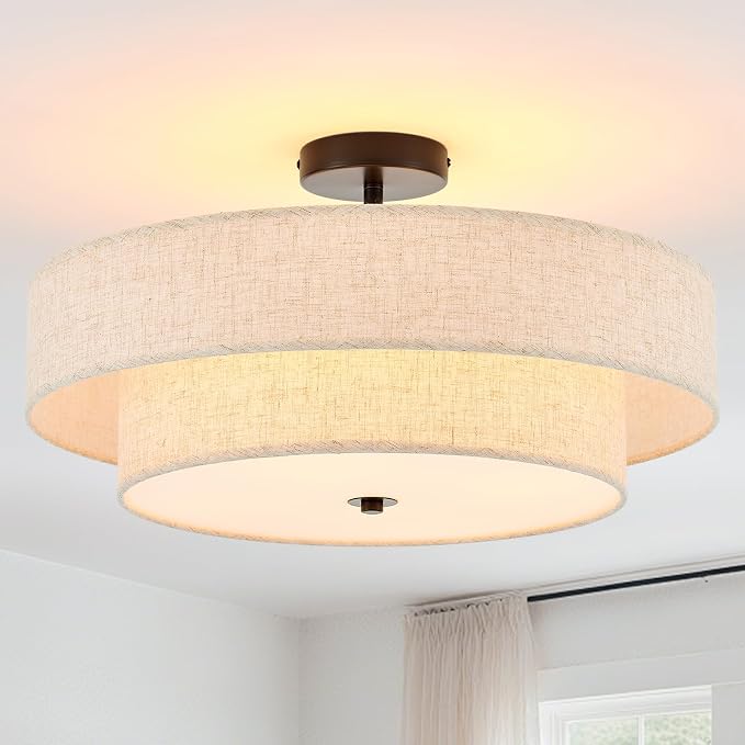 Modern Semi Flush Mount Ceiling Light 21.7" Modern Black 4-Lights Drum Ceiling Lighting Fixture Vintage Linen Golden Ceiling Lamp for Laundry Room, Kitchen, Living Room, Dining Room, Bedroom