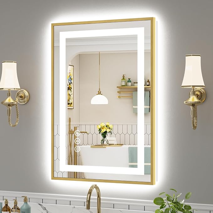 24x36 Inch LED Bathroom Mirror with Gold Frame, Backlit & Front Lit | Anti-fog, 3 Color Dimmable, Memory Function, HD Reflection Tempered Glass, ETL Listed, IP54 Waterproof