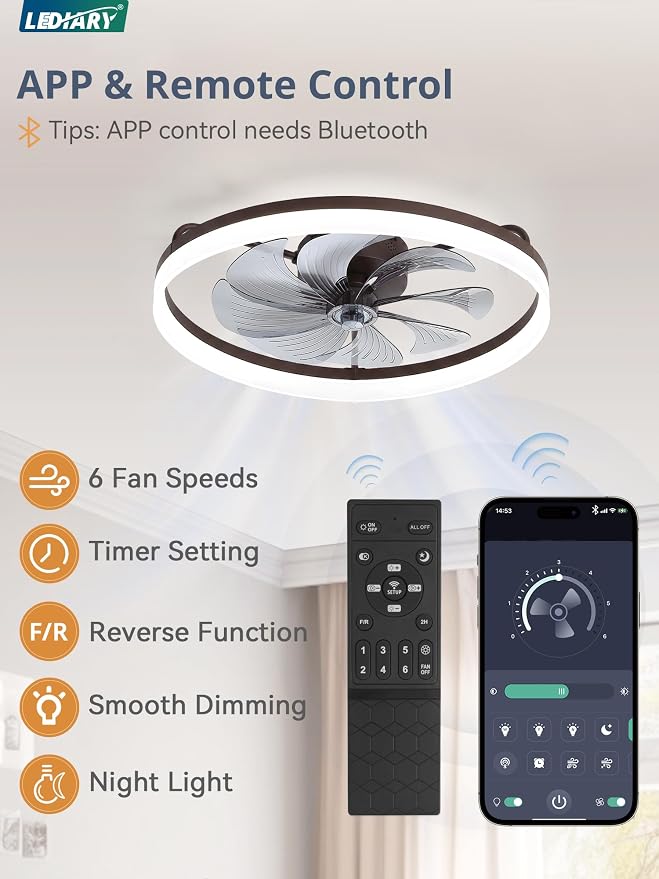 LEDIARY 23" Low Profile Ceiling Fans with Lights, APP & Remote, Brown | Flush Mount, Dimmable LED, Quiet DC Motor, Reversible, 6 Speeds, Fandelier, for Bedroom