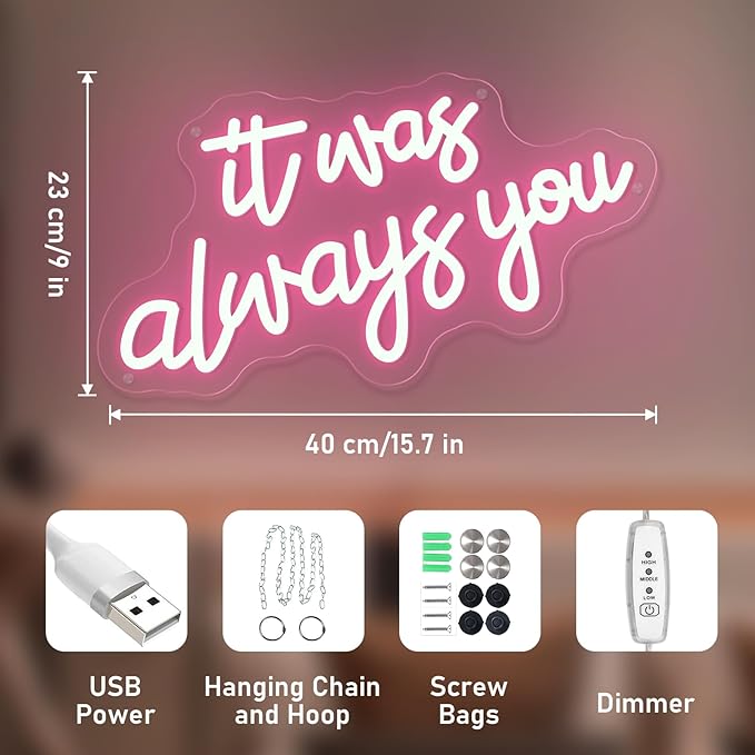It's Always You Neon Sign Pink Neon Wedding Sign LED Neon Signs for Wall Decor Light up Sign for Bedroom Neon Light for Wedding Festival Anniversary Valentine's Day Birthday 40CM*23CM