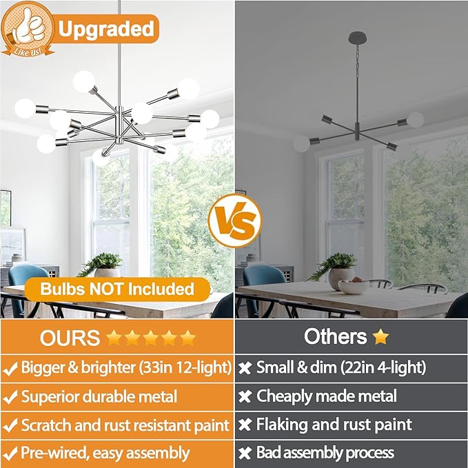 33" Modern Chandelier Ceiling Light Fixture, 12-Light Sputnik Chandeliers Chrome Mid Century Chandelier Over Table, Height Adjustable Chandeliers for Dining Room Living Room Kitchen