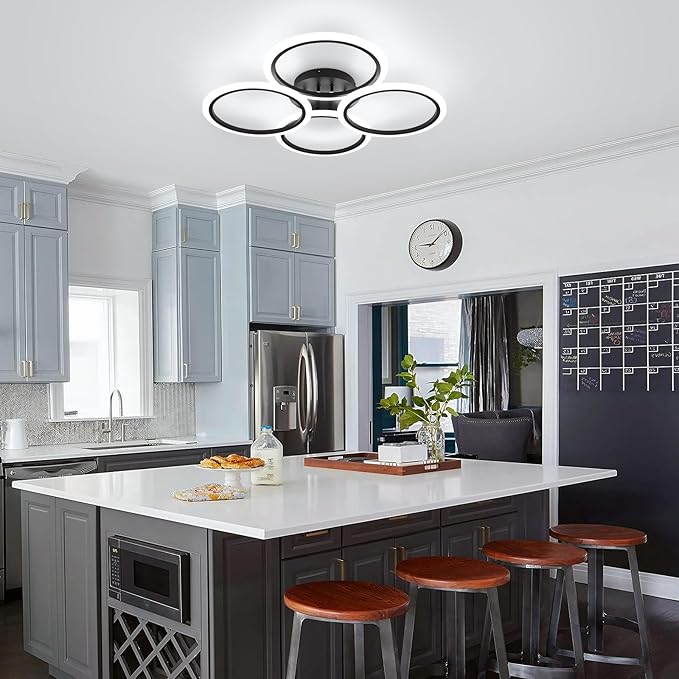 Modern LED Ceiling Lights Fixture Black Dimmable Acrylic 4 Rings Ceiling Lights Remote Control Dimmable Flush Mount Ceiling Lamp for Dining Room, Kitchen, Bedroom, Office(28.74inch)