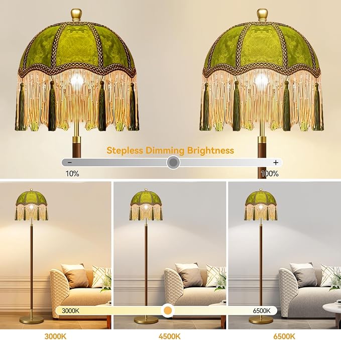 ILLMTW Vintage Floor Lamp for Living Room,Bedroom,Dimmable Standing Lamp with Remote,Green Mid Century Gold Tall Lamp Boho Retro Floor Light Wood Fringe Tassel Flower Unique Tiffany Victorian Decor
