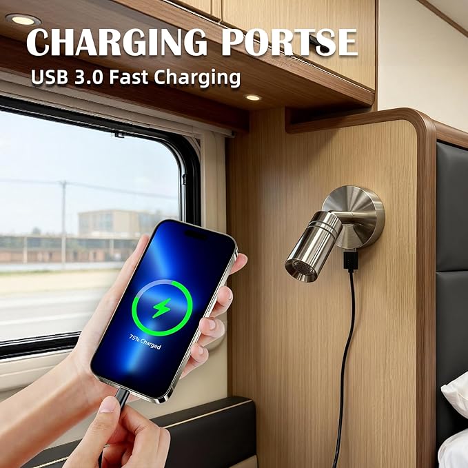 THALASSA 12V Interior LED RV Reading Lamp with 5V USB Port - Built-in Touch Switch, Dimmable Brightness, Surface Mounted on Wall Headboard of Boat Camper Van Travel Trailer Truck Cars Interior Light