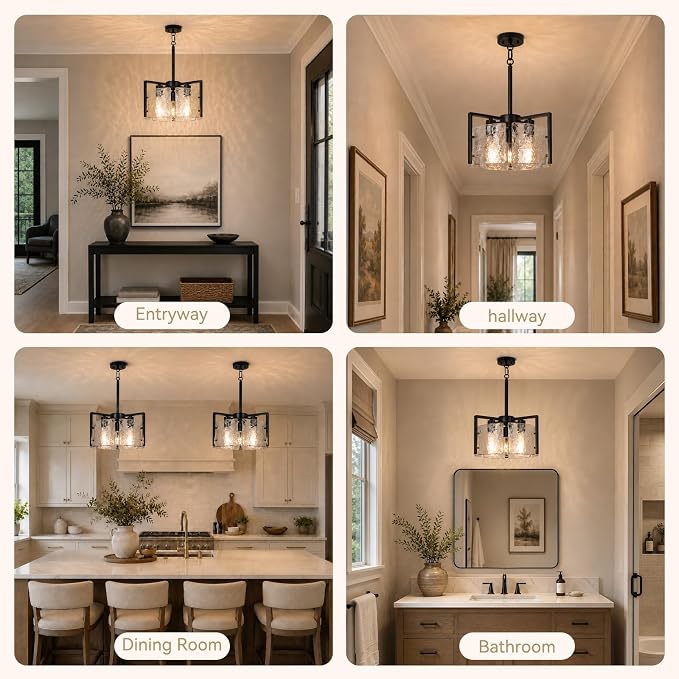 14.2 Inch Black Chandeliers for Dining Room, Adjustable Height | 3-Light Modern Entryway Light Fixture, Glass Pendant Lights for Kitchen Island Foyer Bedroom Bathroom