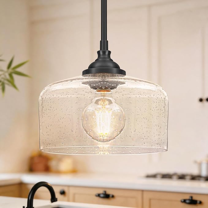 Black Vintage Pendant Lights Kitchen Island, Adjustable Height Kitchen Pendant Lighting Over Sink, Bathroom Hanging Lights With Bubble Glass, Dual Mount Ceiling & Hanging Fixtures With 90° Swivel