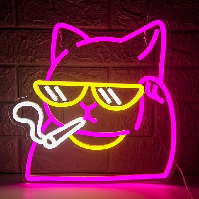 Smoking Cat Neon Sign, Dimmable Cool Cat LED Wall Light for Cat Lovers | USB Powered Cat Neon Light for Gamer Room, Man Cave, Bedroom, Bar Decor, Funny Cat Gifts for Cat Lovers