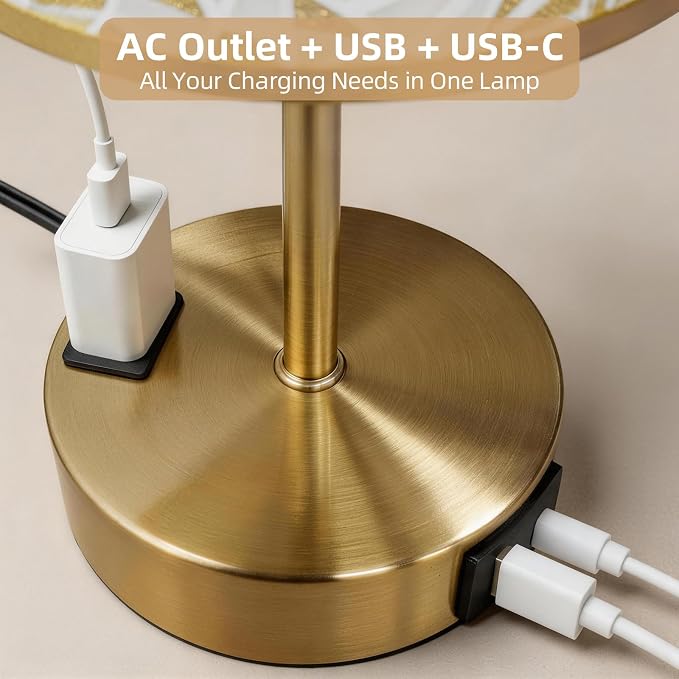 Table Lamp for Nightstand, High-Sensitivity Touch, 3-Level Dimmable Bedside Lamp with AC Outlet | USB | and USB-C, Ideal Night Stand Lamp for Bedroom, Reading, Living Room(Triangle&Gold)