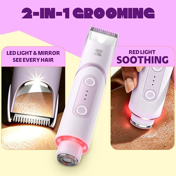 SpinDuo 2 in 1 Electric Bikini Trimmer for Women,180°Rotating Head | SpotGlide™ ceramic blade for body, legs and bikini, Mirror and LED light reveal fine hair, Trim, shave and red light, IPX7