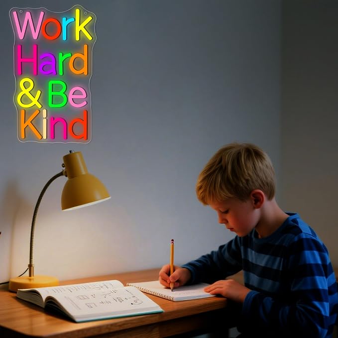 Work Hard Be Kind Neon Sign for Wall Decor | Dimmable kind inspirational neon light, home office bedroom decor, birthday gift for teens adults, size 15.1*9.4 in