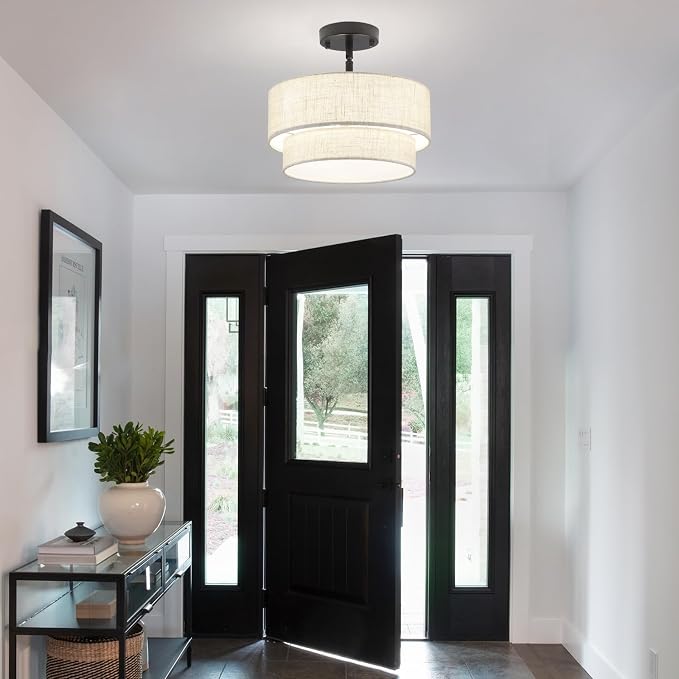 3-Light Semi Flush Mount Ceiling Light, 12.6 Inch Drum Black Chandelier Fabric Metal Kitchen Light Fixture, Dimmable Dining Room Light Fixture E26 Base Chandeliers for Living Room Bedroom