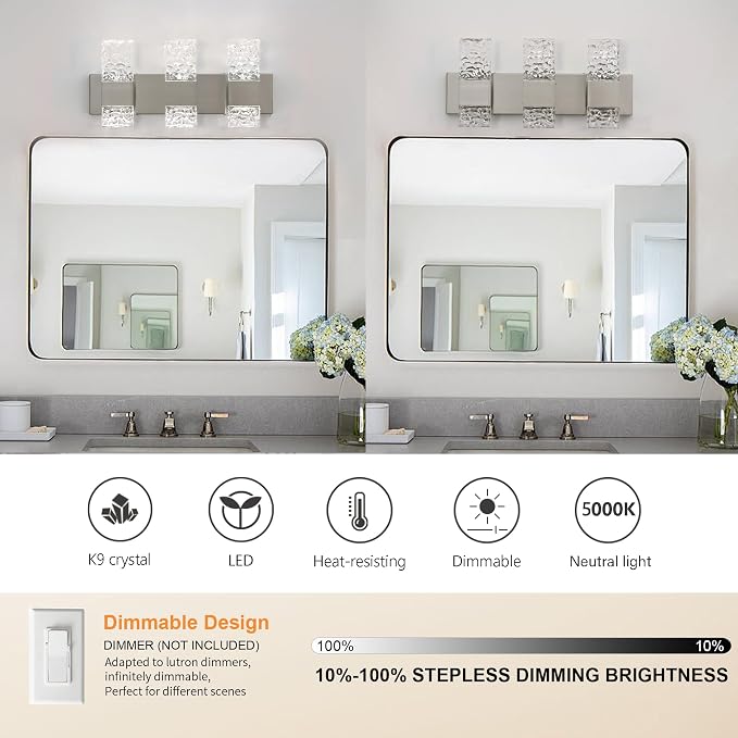 Modern Bathroom Vanity Light fixtures Over Mirror Brushed Nickel Crystal LED Bathroom Lighting fixtures 3 Lights 6000K