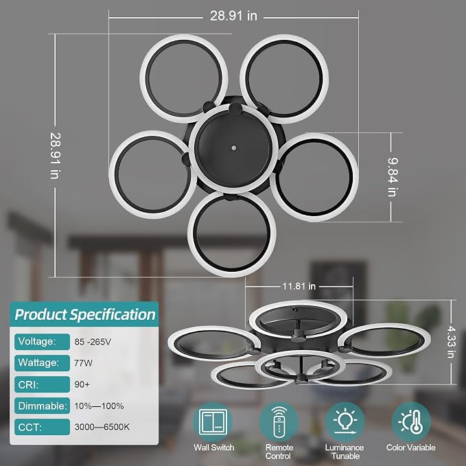 LED Ceiling Light, 6-Ring Modern Flush Mount Fixture, 77W Dimmable 3000K–6500K, Black Ceiling Light with Remote for Living Room Bedroom Kitchen (28.9")
