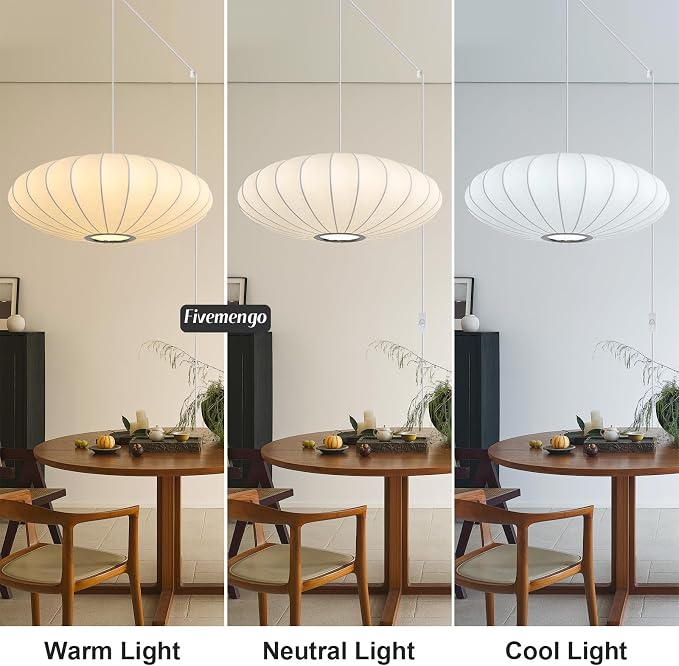 23.6in Plug in Lantern Pendant Light, Large White Imitation Silk Pendant Light Wabi Sabi Saucer Japanese Bubble Hanging Lamp Chandelier for Living Dinning Room Kitchen Island Bedroom 1 Pack