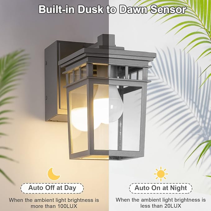 Outdoor Porch Light with GFCI Outlet Built in, Dusk to Dawn Outdoor Lighting with Clear Glass Shade, Waterproof Outdoor Wall Sconce Exterior Lights for House Garage Front Door, Bulb Included(Gray) | Gray Exterior Lighting with Clear Glass Shade, Waterp...