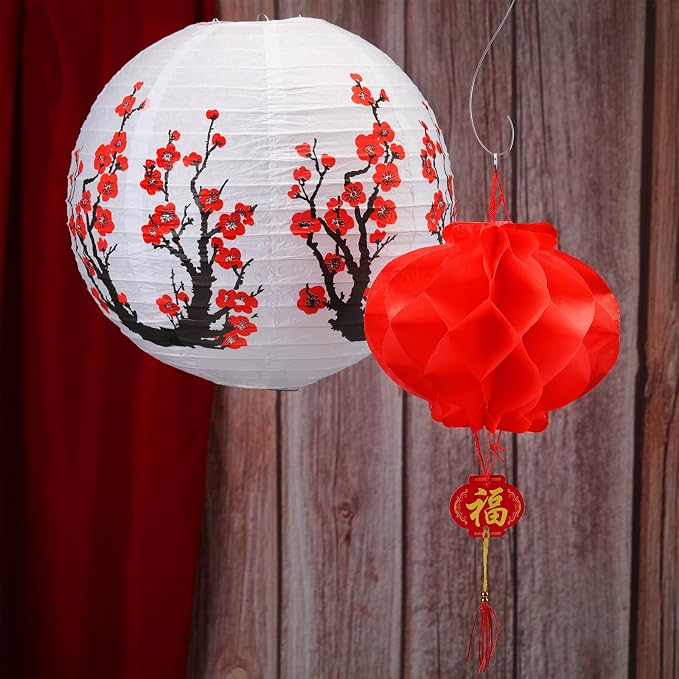 Mudder 20 Pack Chinese Japanese Paper Lanterns, Red Sakura Cherry Blossom Hanging Lantern Decorations, Asian Theme Party Supplies for Birthday Wedding Restaurant Home Decor, Traditional Style