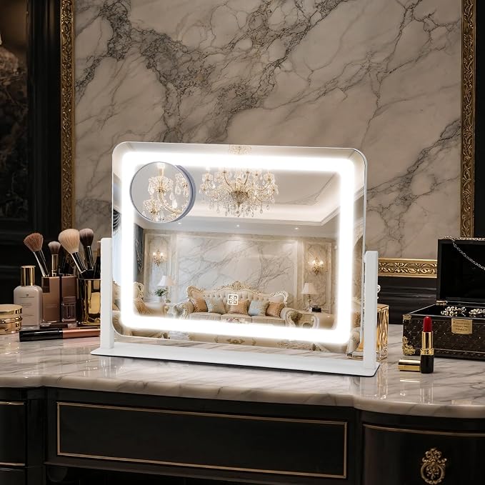 Rechargeable Vanity Mirror with Lights, 3000mAH Battery, 16"×12.4" LED Makeup Mirror, 10X Magnification, Smart Touch with 3-Color Lighting, 360° Rotation, Lighted Up for Makeup Desk, Bedroom (White)