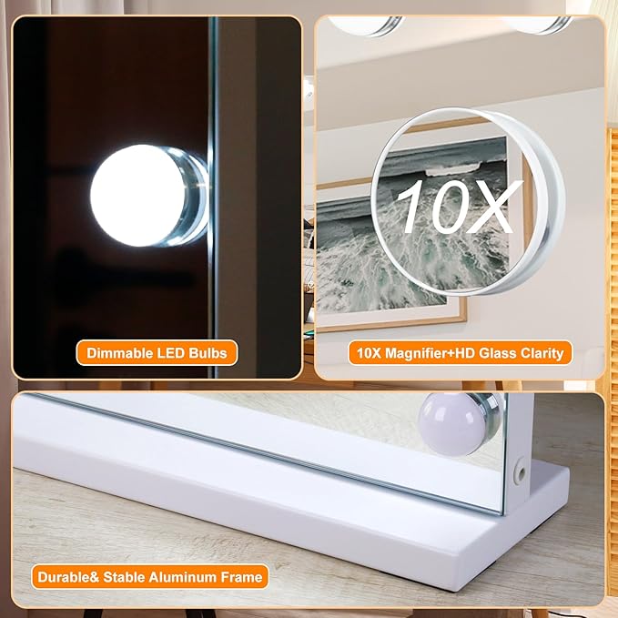 Moonee Vanity Mirror with Lights, Hollywood Lighted Makeup Mirror with 15 Dimmable Bulbs and 10X Magnification, 3 Colors Modes, Light Up Mirror, Perfect Valentine's Day Gift for Her（23" x 18"）