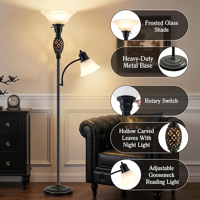 Luvkczc 70" Floor Lamp with Night Light, Adjustable Gooseneck Reading Light | Retro Standing Lamp for Living Room Bedroom Corner – Dual Lighting, Etched Frosted Shade, Rotary Switch, Bulb Included