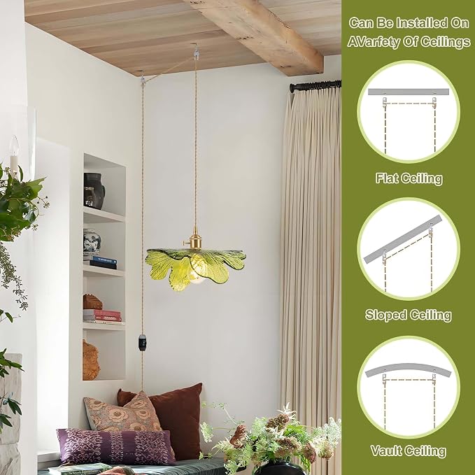 Plug in Pendant Light Fixtures,Hanging Light Fixture 12.9in Green Glass Pendant Light,E26 Pendant Lighting for Kitchen Island, Bedroom, Dining Room, Living Room