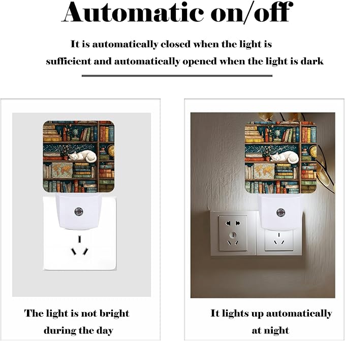 Sleeping Cat and Bookshelf Night Light,Plug-in Night Lights with Dusk-to-Dawn Sensor for Stairway,Hallway,Bedroom Sleep Friendly Ideal for Women/Girls/Boys Gift,0.5w