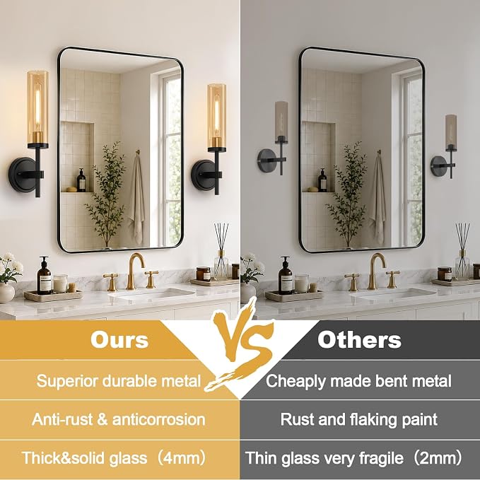MOKATNG Hardwired Wall Sconces Set of Two, Black and Gold Bathroom Sconces with Amber Glass, Modern Wall Light Fixtures for Bathroom Mirror Vanity, Living Room, Hallway, Stairway, Cabinet, Foyer