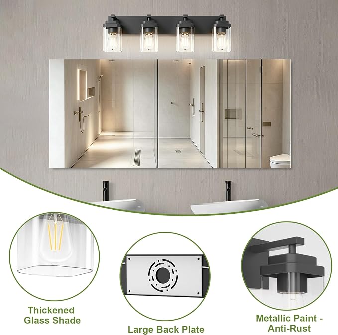 Black Bathroom Light Fixtures, 4 Lights Bathroom Lighting Fixtures Over Mirror, Square Design & Rectangle Large Backplate, Modern Vanity Lighting Fixtures, for Bathroom/Living Room/Bedroom