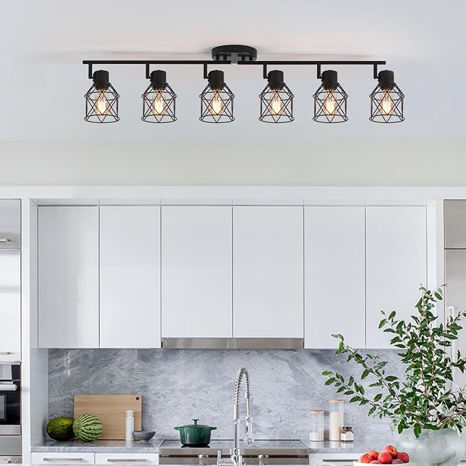 6 Lights Adjustable Multi-Directional Black Light Fixtures, Semi Flush Mount Ceiling Light, Kitchen Light Fixtures, Track Lighting Fixtures Metal Cage Industrial Spotlight Fixtures for Dining Room