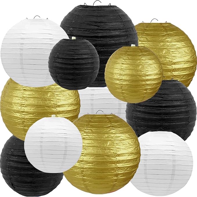 Black Gold and White Paper Lanterns 12Pcs Hanging Round Paper Lanterns Decorative for New Years Decorations Graduation Baby Shower Wedding Birthday Family Parties ﻿