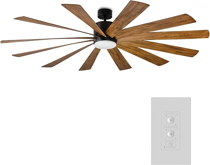 Windflower Smart Indoor and Outdoor 12-Blade Ceiling Fan 80in Matte Black Distressed Koa with 3500K LED Light Kit and Wall Control Works with Alexa and iOS or Android App