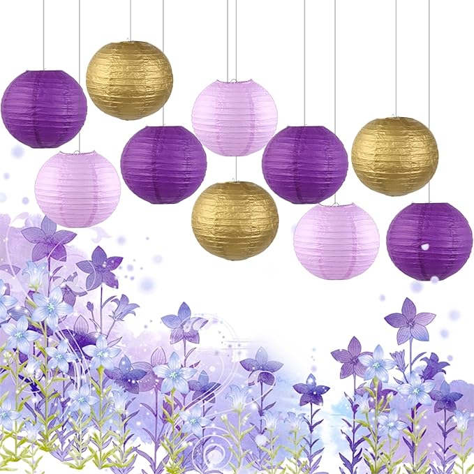 Chinese Paper Lanterns - Pack of 10, 12-Inch Purple/Gold Hanging Lights for Birthday Party Decorations, Ceiling Decor, Rainbow Classroom, Wedding, and Home Party