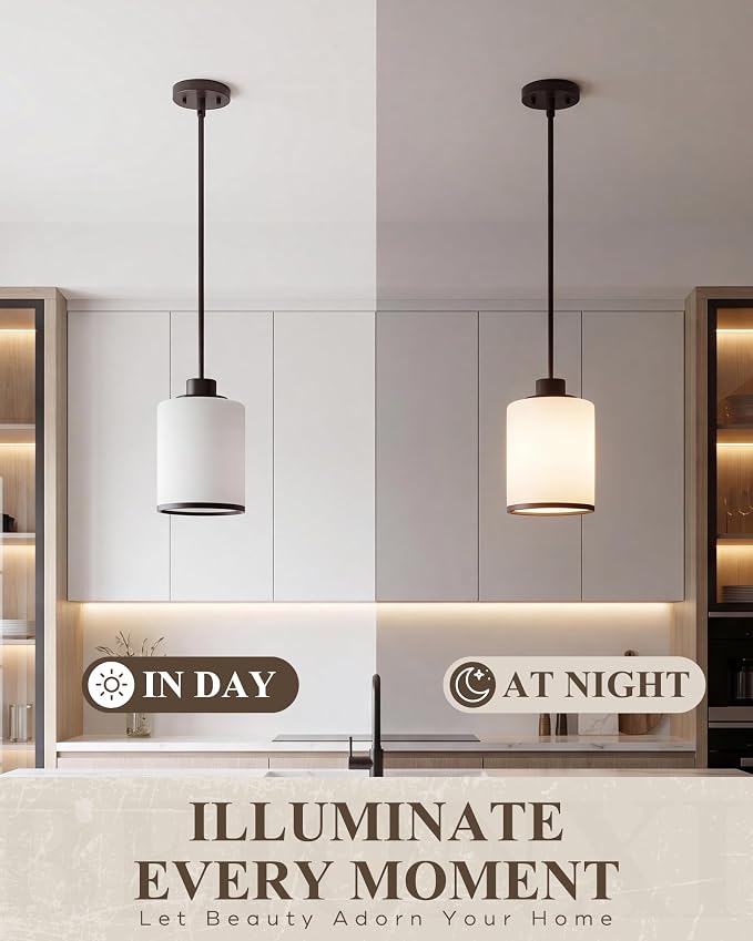 Beionxii Pendant Light Fixtures,Milk Glass Pendants Oil Rubbed Bronze,1Pack | Farmhouse Pendant Lighting, Hanging Pendant Light with Rods for Kitchen Island Dining Room Bedroom Entryway, BX-PL02ORB+R