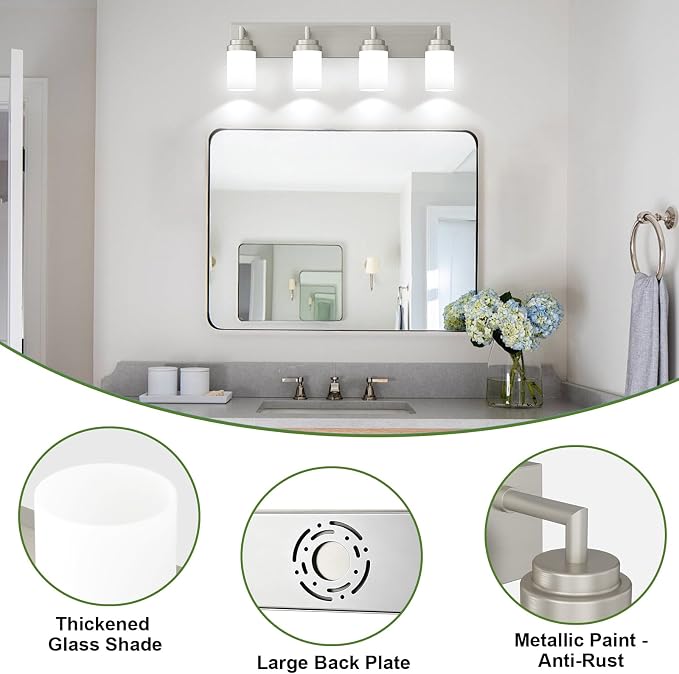 Bathroom Light Fixtures, Brushed Nickel Bathroom Lighting Fixtures Over Mirror, Modern Vanity Light with White Glass Shade, Restroom Lighting Fixtures, 4-Light 30-inch
